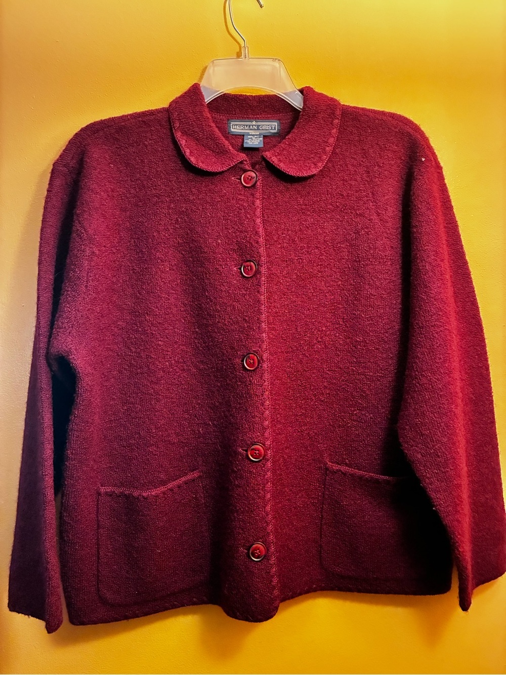Herman Geist Burgundy Wool Blend Peter Pan Collar Pea Coat